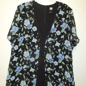 Size 28W Dress Black & Blue Floral by Studio 1940 Sheer Floral Overlay Zip Back